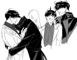  2boys :o ahoge arm_around_back black_coat black_hair black_shirt blush coat collared_shirt cowboy_shot curtained_hair demon_horns feathered_wings flustered greyscale hair_between_eyes hands_on_another&#039;s_shoulders hatching_(texture) hinizana horns hug implied_yaoi kim_dokja male_focus monochrome multiple_boys omniscient_reader&#039;s_viewpoint open_clothes open_coat popped_collar shirt short_hair slouching surprised sweatdrop white_wings wings yoo_joonghyuk 