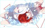  2girls alternate_costume ange_katrina ange_katrina_(6th_costume) back-to-back barefoot blue_border blue_eyes blue_hair blue_jacket blue_outline blunt_bangs border bow breasts camisole closed_mouth commentary controller downblouse elmida from_above front-tie_shorts game_controller grey_shorts hair_bow hair_intakes head_back head_on_another&#039;s_shoulder highres holding holding_controller holding_game_controller jacket lize_helesta looking_at_another loungewear multicolored_hair multiple_girls nijisanji open_clothes open_jacket open_mouth outline outside_border purple_eyes red_hair shorts small_breasts smile split_mouth streaked_hair striped_clothes striped_jacket tank_top track_jacket two-tone_hair virtual_youtuber white_background white_bow white_camisole white_hair white_tank_top wireless_game_controller 