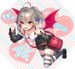  1girl ahoge animal_ear_legwear ankle_boots asymmetrical_legwear badge bag bare_shoulders belt_collar black_boots black_jacket black_skirt black_thighhighs blush boots button_badge cat_ear_legwear collar collarbone colored_tips demon_wings dyed_ahoge fang flying full_body grey_hair hair_between_eyes handbag hands_up happy_birthday heart heart_background jacket jewelry legs_folded looking_ahead makaino_ririmu makaino_ririmu_(2nd_costume) medium_hair miniskirt mismatched_legwear multicolored_hair necklace nijisanji off-shoulder_jacket off_shoulder open_mouth platform_boots pointy_ears red_bag red_collar red_eyes red_streaks red_wings shikino_yuki shoulder_bag sidelocks skirt smile solo speech_bubble strap_slip streaked_hair striped_background striped_clothes striped_thighhighs text_background thighhighs twintails v-shaped_eyebrows virtual_youtuber white_thighhighs wings zettai_ryouiki zipper 