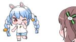  2girls animal_ear_fluff animal_ears blue_hair blue_shoes blue_shorts blush_stickers bow braid brown_hair carrot_hair_ornament chibi eyebrows_hidden_by_hair food-themed_hair_ornament hair_bow hair_ornament highres hololive mochimiko multicolored_hair multiple_girls natsuiro_matsuri one_eye_closed rabbit_ears rabbit_girl rabbit_tail red_eyes shirt shoes short_eyebrows short_sleeves shorts side_ponytail simple_background socks tail thick_eyebrows twin_braids twintails two-tone_hair usada_pekora virtual_youtuber white_background white_bow white_hair white_shirt white_socks yurie_mouth 