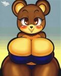  2022 4:5 anthro big_breasts blush breasts brown_body brown_eyes brown_fur cleavage clothed clothing digital_media_(artwork) eyelashes female fur hi_res huge_breasts huge_hips huge_thighs looking_at_viewer mammal redraw solo tansau thick_thighs tight_fit ursid 