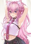  1girl absurdres animal_ear_fluff animal_ears armpits black_skirt blush hair_ornament hairclip hakui_koyori hand_in_own_hair highres hololive kodama_(koda_mat) long_hair looking_at_viewer navel necktie open_mouth pink_hair pink_necktie purple_eyes skirt smile tail virtual_youtuber wolf_ears wolf_girl wolf_tail 