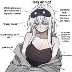  1girl bare_shoulders blue_eyes breasts cleavage clothing_request collarbone english_commentary english_text grey_jacket hair_between_eyes highres hood hoodie jacket jacket_partially_removed long_hair medium_breasts mole mole_under_eye original ryuthefish sidelocks simple_background sleep_mask sleepy solo squeans white_background white_hair 