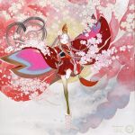  1girl absurdly_long_hair absurdres artist_logo artist_name bare_legs belt cherry_blossoms colored_skin crop_top eyelashes grey_hair hakama hakama_shorts hat highres japanese_clothes kimono logo long_hair original pink_pupils red_kimono rope shiguretau shorts sidelocks solo standing standing_on_one_leg tate_eboshi thick_thighs thighs twintails twitter_username very_long_hair wide_sleeves 