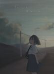  1girl 280km absurdres bag blue_eyes blue_hair blue_ribbon blue_skirt closed_mouth cloud glasses highres looking_at_viewer medium_hair neck_ribbon original outdoors power_lines ribbon round_eyewear shirt shirt_tucked_in short_sleeves skirt sky solo translation_request white_shirt 