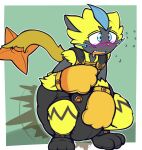 2018 absurd_res ambiguous_gender anthro black_body black_clothing black_footwear black_fur blue_whiskers blush blush_lines bodily_fluids bondage_gear bondage_gloves border button_(fastener) clothed clothing crouching diaper diaper_under_clothing drooling feces flying_sweatdrops footwear full-length_portrait fur generation_7_pokemon glistening glistening_eyes green_background handwear heart_eyes heart_symbol hi_res legendary_pokemon lock_symbol ludis-luteo multicolored_body multicolored_fur nintendo open_mouth orange_clothing orange_handwear overalls pokemon pokemon_(species) pooping portrait saliva sharp_teeth simple_background soiled_diaper soiling soiling_diaper solo sweat sweatdrop teeth three-quarter_portrait unclean_diaper used_diaper wearing_diaper whiskers white_border yellow_body yellow_fur zeraora