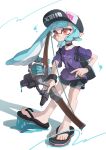  1girl absurdres baseball_cap black_shorts bow_(weapon) chu_u0spl closed_mouth commentary dolphin_shorts eyelashes full_body hat highres holding holding_bow_(weapon) holding_weapon ink ink_tank_(splatoon) inkling inkling_girl inkling_player_character long_hair looking_ahead print_shirt purple_shirt red_eyes shirt shorts solo splatoon_(series) splatoon_3 standing sticky symbol-only_commentary t-shirt tentacle_hair toes tri-stringer_(splatoon) weapon white_background 