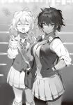  2girls =_= ahoge bag blurry blurry_background blush bob_cut bow bowtie breasts cleavage closed_eyes collarbone collared_shirt cowboy_shot enju_yuyuko full-face_blush greyscale hair_between_eyes hand_in_pocket hand_up highres hot itan_na_karera_no_kimitsu_kyoshitsu large_breasts lips long_sleeves looking_at_viewer medium_hair messy_hair miniskirt monochrome multiple_girls nauribon non-web_source novel_illustration official_art open_clothes open_hand open_mouth open_vest outdoors parking_lot pleated_skirt raised_inner_eyebrows school_uniform shinshi_ibuki shirt short_hair shoulder_bag skirt sleeves_rolled_up standing sweat tented_shirt thighs tongue tongue_out tsurime v v-shaped_eyebrows vest 