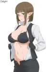  1girl artist_name black_bra black_gloves black_pants blunt_bangs blush bra breasts brown_hair closed_mouth collarbone commentary dungeon_ni_deai_wo_motomeru_no_wa_machigatteiru_darou_ka eina_tulle elf glasses gloves green_eyes highres large_breasts long_sleeves looking_at_viewer navel open_clothes open_fly open_shirt oslight pants pointy_ears shirt short_hair simple_background smile solo stomach underwear white_background white_shirt 