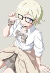  1girl absurdres black-framed_eyewear blonde_hair bow bowtie breasts brown_cardigan cardigan cardigan_around_waist clothes_around_waist collared_shirt cowboy_shot detached_sleeves glasses grey_background grey_bow grey_bowtie grey_skirt gyaru gyarugasaki highres invisible_chair kogal looking_at_viewer love_live! love_live!_nijigasaki_high_school_idol_club medium_breasts mia_taylor miniskirt official_alternate_costume plaid_bow plaid_bowtie plaid_clothes plaid_skirt purple_eyes shirt short_hair simple_background sitting skirt solo uchuu_no_mozuku white_shirt 