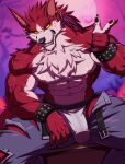  1boy abs animal_ears bara bat_(animal) belt bracelet bulge claws colored_sclera drks earrings english_commentary fangs fortnite full_moon furry furry_male highres jewelry looking_at_viewer lycan_west_(fortnite) male_focus male_underwear moon muscular muscular_male navel nipples open_belt open_fly pants pawpads pectorals sitting spiked_bracelet spikes tail topless_male torn_clothes torn_pants underwear white_male_underwear wolf_boy wolf_ears wolf_tail yellow_sclera 