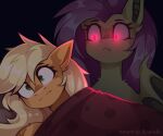 :i applejack_(mlp) bat_pony bed blonde_hair buvanybu duo earth_pony equid equine fangs female feral flutterbat_(mlp) fluttershy_(mlp) friendship_is_magic fur furniture glowing glowing_eyes green_eyes hair hasbro hi_res horse mammal membrane_(anatomy) membranous_wings my_little_pony pink_hair pony red_eyes tan_body tan_fur teeth under_covers wings yellow_body yellow_fur