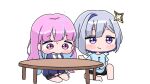  2girls amane_kanata barefoot black_shorts black_skirt blue_hair blue_shirt blush_stickers chibi closed_mouth collared_shirt dress_shirt grey_hair halo highres hololive jacket knee_up long_hair long_sleeves minato_aqua mochimiko multicolored_hair multiple_girls open_clothes open_jacket pink_hair pleated_skirt pp_tenshi_t-shirt puffy_long_sleeves puffy_sleeves purple_eyes purple_jacket shirt short_sleeves shorts single_hair_intake sitting skirt small_sweatdrop smile streaked_hair sweat table two-tone_hair very_long_hair virtual_youtuber white_shirt yurie_mouth 