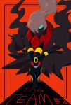  1other :3 bangs black_eyes blue_sclera colored_sclera commentary_request darkrai english_text facial_mark floating forehead_mark full_body grey_hair grin hair_over_one_eye happy highres lemonade_kokoi long_hair looking_at_viewer one_eye_covered other_focus outside_border partial_commentary pokemon pokemon_(creature) red_background red_sclera sharp_teeth slit_pupils smile standing straight-on teeth umbreon white_eyes 