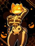 3:4 87 anthro big_breasts bodysuit breasts clothing domestic_cat epic_games felid feline felis female for_a_head fortnite hand_behind_head hi_res mammal object_head one_eye_closed open_mouth pumpkin_head skinsuit solo spice_(fortnite) tight_clothing wide_hips wink