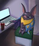 anthro asian_mythology balls bat beverage beverage_can bodily_fluids clothing computer digital_media_(artwork) east_asian_mythology electronics erection furniture genital_fluids genitals hand_on_penis hi_res hidabat humanoid_genitalia humanoid_penis jackofak japanese_mythology laptop level-5 male mammal masturbation mythology narrowed_eyes nude one_eye_closed penile penile_masturbation penis precum precum_on_penis sitting solo sweat sweatdrop yo-kai_watch yokai