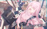  1girl amplifier bangs blush bocchi_the_rock! box breasts c4_art checkered_floor chromatic_aberration closed_eyes commentary_request electric_guitar gotou_hitori guitar hair_between_eyes highres holding holding_instrument indoors instrument jacket long_hair medium_breasts music one_side_up open_mouth pink_hair pink_jacket playing_instrument solo track_jacket upper_body 