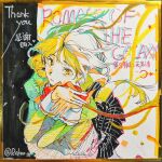  1girl absurdres artist_name black_background black_skirt blonde_hair bow bowtie chinese_commentary circle_skirt closed_mouth commentary_request confetti cowboy_shot drill_hair expressionless eyelashes floating_clothes floating_hair flower_hairpin grey_pantyhose highres juliet_sleeves lace-trimmed_shirt lace-trimmed_sleeves lace_trim leaning_forward long_hair long_sleeves mahou_shoujo_madoka_magica mahou_shoujo_madoka_magica_(anime) miniskirt mitakihara_school_uniform own_hands_together pantyhose plaid_clothes plaid_skirt pleated_skirt pointy_nose puffy_sleeves red_bow red_bowtie ribbon riko-m school_uniform shirt skirt sleeve_cuffs solo thank_you tomoe_mami traditional_media twin_drills two-tone_background white_background yellow_eyes yellow_ribbon yellow_shirt 