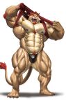 2024 abs anthro barazoku biceps black_clothing black_thong black_underwear bulge chest_tuft claws clothed clothing echin facial_hair felid flexing flexing_bicep fur goatee hair hi_res lion male mammal muscular muscular_thighs nipples obliques pantherine pecs pubes red_clothing red_eyes red_hair red_shirt red_topwear revelion_(character) serratus shirt simple_background solo tail tail_tuft taking_off_shirt tan_body tan_fur thong thong_only toe_claws topless topwear tuft underwear underwear_only undressing_self vein veiny_muscles white_background