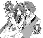  1boy 1girl atsurai blush bracelet brother_and_sister chibi china_dress chinese_clothes clover clover_hair_ornament dress facial_mark forehead_mark glasses greyscale hair_intakes hair_ornament hairband hand_on_another&#039;s_shoulder hand_on_own_knee hashtag-only_commentary heart highres jewelry long_hair looking_at_viewer metal_bracelet monochrome open_mouth parted_lips short_hair siblings very_long_hair white_background white_dress white_hairband ye_shiyuan ye_shunguang zenless_zone_zero 