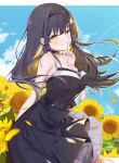  1girl arms_behind_back black_choker black_dress black_hair black_hairband blush border breasts choker cleavage collarbone commentary day dress field flower flower_field frilled_choker frills hairband hand_up highres index_finger_raised kushima_kamome large_breasts long_dress long_hair looking_at_viewer outside_border sky sleeveless sleeveless_dress solo standing summer_pockets sunflower sunflower_field symbol-only_commentary white_border yellow_eyes yutori_z71 