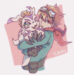  1boy absurdres black_gloves brown_eyes brown_hair claws digimon digimon_(creature) digimon_story:_time_stranger fangs gloves goggles goggles_on_head gomamon green_eyes green_jacket highres holding_digimon jacket looking_at_viewer one_eye_closed short_hair tubbytarchia upper_body white_fur yuuki_dan 