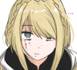  ... 1girl blonde_hair blood blood_on_face braid bright_pupils close-up closed_mouth commentary crown_braid elden_ring elden_ring:_shadow_of_the_erdtree english_commentary expressionless grey_eyes hair_over_one_eye long_hair looking_at_viewer needle_knight_leda sidelocks solo tavi_(hosheezus) white_pupils 