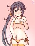  1girl akebono_(kancolle) bell bikini covered_nipples dated flat_chest flower gold_bikini gold_thighhighs gradient_background grey_eyes grey_hair hair_bell hair_flower hair_ornament hand_on_own_stomach jingle_bell kanon_(kurogane_knights) kantai_collection micro_bikini navel one-hour_drawing_challenge pink_background side-tie_bikini_bottom side_ponytail solo standing swimsuit 