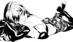  1girl boots bra breasts closed_mouth elbow_gloves gloves greyscale lace_pantyhose lace_pantyhose_hooked_on_heel_(meme) large_breasts long_hair looking_at_viewer lying meme monochrome on_stomach pantyhose simple_background smile solo sousou_no_frieren thigh_boots thighhighs ubel_(sousou_no_frieren) underwear websake white_background 