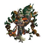  1girl absurdres animal_nose artist_request bare_shoulders barefoot blue_eyes body_fur breasts center_opening closed_mouth earrings eyeshadow feet full_body furry furry_female gem green_gemstone grey_fur hagoromo half-closed_eyes hand_up highres holding holding_scepter humanoid_robot hyrule_warriors:_age_of_imprisonment jewelry long_animal_ears looking_afar magatama makeup mask mask_on_head mineru&#039;s_construct mineru_(zelda) multiple_rings navel neck_ring official_art purple_eyeshadow purple_nails ring robot scepter shawl simple_background skirt small_breasts solo standing stomach strapless the_legend_of_zelda the_legend_of_zelda:_tears_of_the_kingdom third_eye toe_ring transparent_background white_skirt zonai 