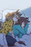 2girls agnes_tachyon_(umamusume) ahoge animal_ears animal_print blue_shirt brown_hair closed_eyes commentary_request finger_to_mouth front-to-back green_shirt hair_between_eyes hair_ornament hairclip highres horse_ears horse_girl horse_tail hug hug_from_behind huge_ahoge jungle_pocket_(umamusume) korean_commentary leopard_print long_sleeves looking_at_viewer lying mazu1kan medium_hair multiple_girls notched_ear on_bed on_side pillow shirt shorts shushing sleeping tail twitter_username umamusume white_shorts yellow_eyes yellow_shirt yuri 