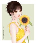  1girl aegyo_sal artist_name breasts brown_eyes brown_hair dress earrings flower hair_up holding holding_flower jewelry lipstick makeup naho_graphics orange_nails original simple_background sleeveless sleeveless_dress small_breasts sunflower upper_body web_address yellow_dress 