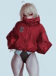  1girl absurdres ahoge ass_visible_through_thighs bekus black_panties blonde_hair blush commentary covered_mouth cowboy_shot double-parted_bangs hair_between_eyes hands_in_pockets highres hood hooded_jacket jacket long_sleeves looking_at_viewer luciana_de_montefio mole mole_on_thigh multiple_moles no_pants panties puffy_long_sleeves puffy_sleeves red_eyes red_jacket signature simple_background solo standing underwear white_background zenless_zone_zero 