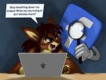 4:3 4_fingers angry anthro black_eyebrows brown_body brown_eyes brown_fur brown_hair brown_nose buckteeth chipmunk clothing computer electronics english_text eyebrows facebook facebook_logo fingers fur gloves ground_squirrel hair handwear hi_res laptop magnifying_glass male mammal multicolored_body multicolored_fur rodent sciurid shaded solo tamiasthechipmunk teeth text