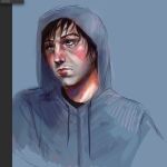  1boy aegyo_sal black_eyes black_hair black_shirt commentary cry_of_fear english_commentary frown grey_hoodie highres hood hood_up hoodie looking_up male_focus maulingtheworld portrait screenshot shirt short_hair simon_henriksson solo 