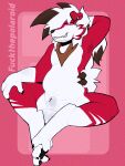 3:4 animal_genitalia anthro arm_hair armpit_hair balls beard black_pawpads body_hair claws ear_piercing ear_ring eyeshadow facial_hair fur generation_7_pokemon genitals giovanni_(yasterwolly) hair hi_res kerchief lycanroc makeup male midnight_lycanroc neckerchief neckwear nintendo pawpads piercing pink_eyeshadow pokemon pokemon_(species) ponytail red_body red_fur ring_piercing sheath simple_background smile solo stripes white_balls white_body white_fur white_hair white_sheath white_stripes yasterwolly