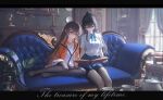  2girls black_hair black_thighhighs blue_eyes blue_ribbon blue_skirt book brown_hair collared_shirt commission couch english_text feet_out_of_frame full_body hair_between_eyes hair_ornament highres holding holding_book indoors jacket kosaka_kaslana light_smile long_hair long_sidelocks long_sleeves looking_at_object miniskirt multiple_girls no_shoes on_couch open_clothes open_jacket orange_eyes orange_jacket original ponytail ribbon shirt short_sleeves sidelocks sitting skirt smile thighhighs thighs twitter_username white_shirt yokozuwari 