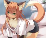 2022 all_fours an_chobi94 anthro areola bed bedroom bike_shorts blush bottomwear canid canine clothed clothing digital_media_(artwork) fox fur furniture girly green_eyes hair hi_res kemono long_hair looking_at_viewer male male_anthro mammal multicolored_body multicolored_fur nipples off_shoulder on_bed remu-kun shirt shorts solo t-shirt topwear 