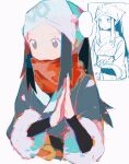  1girl absurdres akari_(pokemon) black_hair ciuchviicuq closed_mouth frown grey_eyes headscarf highres jacket long_hair pokemon pokemon_legends:_arceus ponytail red_scarf scarf sidelocks simple_background smile solo unamused upper_body white_background white_headscarf 