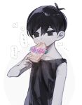  1boy antenna_hair arm_at_side bare_arms bare_shoulders basil_(headspace)_(omori) basil_(omori) black_eyes black_hair black_tank_top blue_flower blue_rose bread bread_slice collarbone colored_skin commentary_request double-parted_bangs eating empty_eyes flower flower_wreath food hair_behind_ear hair_between_eyes hand_up head_wreath highres holding holding_food jitome looking_at_food male_focus masyu_bimitalya no_pupils omori omori_(omori) pink_flower pink_rose purple_flower purple_rose rose short_hair simple_background solo speech_bubble tank_top translation_request upper_body very_short_hair watermark white_background white_skin 