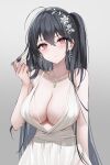  1girl absurdres ahoge arm_strap azur_lane bangs bare_shoulders black_hair breasts cleavage closed_mouth collarbone dress earrings expressionless flower gradient gradient_background grey_background hair_between_eyes hair_flower hair_ornament hair_strand hair_twirling highres jewelry kurohikage large_breasts long_hair looking_at_viewer messy_hair necklace no_bra official_alternate_costume plunging_neckline red_eyes side_ponytail sideboob sleeveless solo taihou_(azur_lane) taihou_(temptation_on_the_sea_breeze)_(azur_lane) upper_body white_dress 