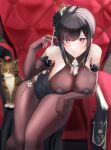  1girl azur_lane bare_shoulders black_dress black_flower black_rose bodystocking cafenami cat chair chen_hai_(azur_lane) chen_hai_(vestibule_of_wonders)_(azur_lane) china_dress chinese_clothes dress elbow_gloves flower gloves highres lace-trimmed_gloves lace_trim leaning_forward looking_at_viewer official_alternate_costume pelvic_curtain purple_eyes rose sitting solo taut_clothes taut_dress tight tight_dress 