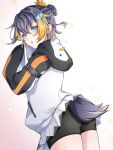  1girl :o animal_hood ass bike_shorts black_hair black_shorts blonde_hair blue_eyes blush english_commentary folded_ponytail from_behind good_ass_day gradient_background highres hood looking_at_viewer looking_back mixed-language_commentary multicolored_hair nijisanji nijisanji_en oekakissaerizoh penguin_hood penguin_tail petra_gurin petra_gurin_(1st_costume) short_hair shorts sleeves_past_fingers sleeves_past_wrists solo streaked_hair tail virtual_youtuber 