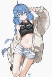  1girl absurdres ahoge bare_legs black_shoes blue_eyes blue_hair blush braid breasts chinese_commentary coat commentary crop_top dated eyewear_around_neck foot_out_of_frame goggles grey_background hair_horns hairband highres looking_at_viewer mushoku_tensei navel petite roxy_migurdia shoes short_shorts shorts signature simple_background single_bare_shoulder single_off_shoulder skindentation small_breasts smile solo stomach straight-on tank_top thigh_gap v v_over_head white_coat white_shorts yisjhui 