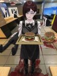  all_fours apron black_bow black_bowtie black_footwear black_pants bloody_footprints bow bowtie brown_hair burger chainsaw_man collared_shirt crying crying_with_eyes_open death decapitation employee_uniform extra family_burger_(chainsaw_man) fast_food fast_food_uniform food frown hair_ornament hairclip higashiyama_kobeni highres holding holding_tray looking_at_viewer mole mole_under_mouth one_eye_closed pants puddle_of_blood restaurant severed_head shirt short_ponytail single_sidelock snot solo_focus surprised tears ton_dokmaiklow tray uniform white_shirt 