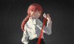  1girl 39daph braid braided_ponytail chainsaw_man collared_shirt grey_background highres holding holding_leash leash looking_at_viewer looking_back makima_(chainsaw_man) medium_hair pov red_hair ringed_eyes shirt shirt_tucked_in sidelocks simple_background smile solo twitter_username viewer_on_leash white_shirt yellow_eyes 