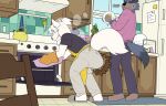 2025 accident amomon anthro appliance apron australian_cattle_dog baking bent_over bottomwear canid canine canis cattledog clothed clothing cooking desha_(character) diaper diaper_under_clothing domestic_dog duo eyes_closed facial_piercing feces footwear fur german_shepherd hair hair_bun handwear herding_dog hi_res kitchen kitchen_appliance laugh male mammal nose_piercing nose_ring onomatopoeia oven oven_mitts pants pastoral_dog piercing pooping ring_piercing sandals shirt shoes soiled_diaper soiling soiling_diaper sound_effects t-shirt text tongue tongue_out topwear unclean_diaper used_diaper vowelless vowelless_sound_effect washing_dishes wearing_diaper white_body white_fur white_hair wide_eyed