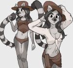 absurd_res anthro black_hair breasts clothed clothed_anthro clothed_female clothing female fur furgonomic_hat furgonomic_headwear furgonomics grey_body grey_fur hair hat headgear headwear hhonchkrow234 hi_res lemur mammal markings midriff primate shirt slim_anthro slim_female small_breasts solo strepsirrhine striped_markings striped_tail stripes tail tail_markings tied_shirt topwear underwear