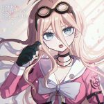  1girl antenna_hair bangs barbed_wire black_choker black_gloves blonde_hair blue_eyes bow bowtie breasts choker cleavage danganronpa_(series) danganronpa_v3:_killing_harmony dated fingerless_gloves gloves goggles goggles_on_head grey_bow grey_bowtie grey_eyes hair_between_eyes hand_up happy_birthday iruma_miu large_breasts long_hair looking_at_viewer mikao_(eanv5385) shirt solo 