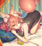  1girl animal_ear_fluff animal_ears bangs bare_shoulders bed black_dress china_dress chinese_clothes closed_mouth commentary_request double_bun dress eyewear_removed fate/grand_order fate_(series) fox_ears fox_girl fox_tail glasses hair_between_eyes hair_bun indoors koyanskaya_(chinese_lostbelt_outfit)_(fate) koyanskaya_(fate) looking_at_viewer lying mogullaz on_bed pillow pink_hair short_hair side_slit sleeveless sleeveless_dress smile solo tail tamamo_(fate) white-framed_eyewear yellow_eyes 